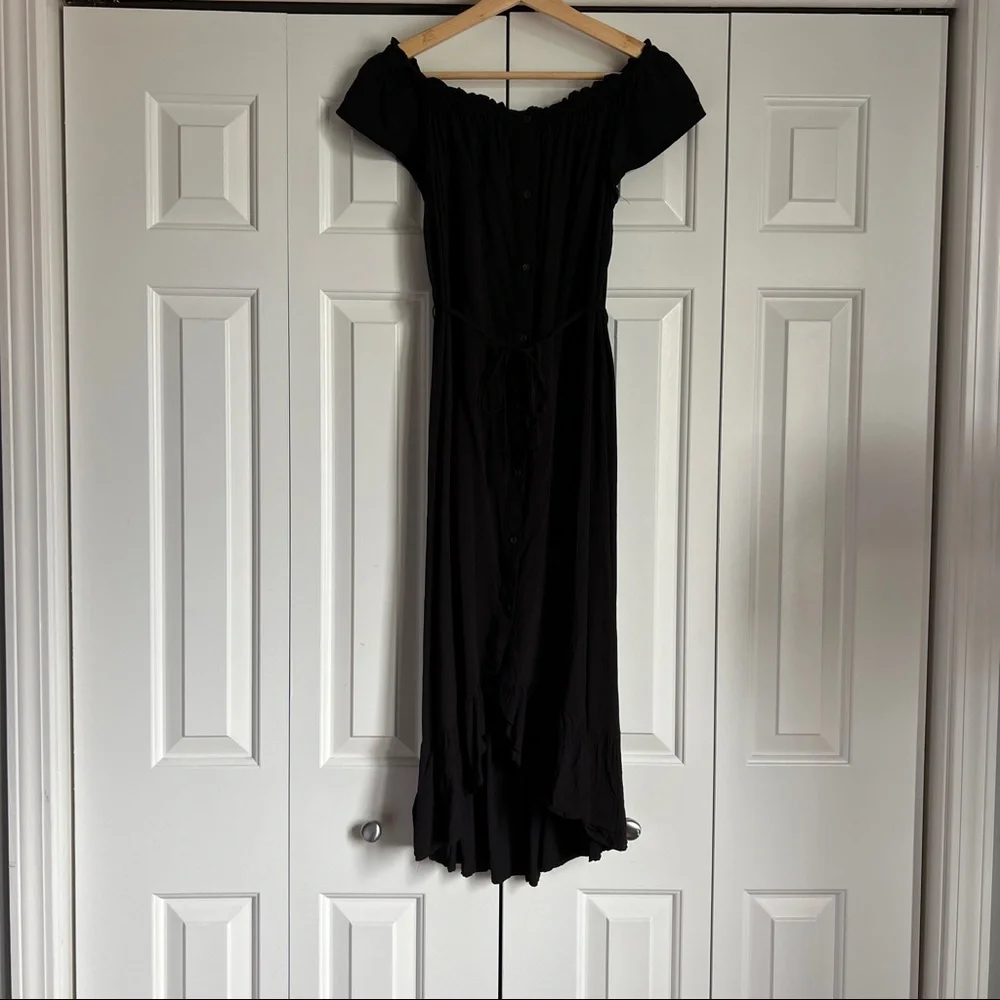 LOFT Petite Off The Shoulder Button Down Midi Dress - Black, PM - Picture 2 of 7